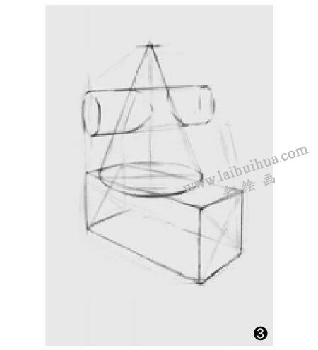 兩個(gè)幾何形體組合（圓錐穿插體和長方體）素描步驟圖示03