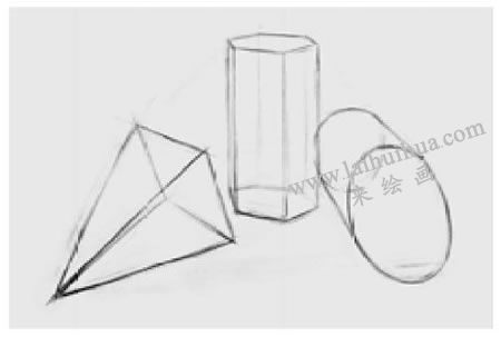 三個幾何形體組合（四棱錐、六棱柱和圓柱體）素描步驟圖示03