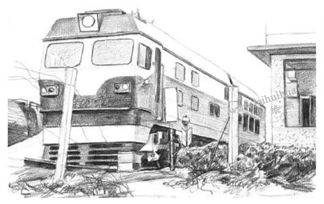 停靠的火車素描畫法步驟03