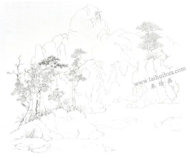 大青綠山水《南京瞻園》國(guó)畫寫生畫法步驟01
