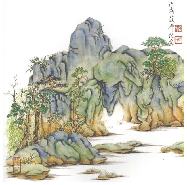 大青綠山水《南京瞻園》國(guó)畫寫生畫法步驟：完成圖