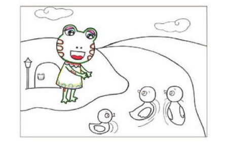 冬眠醒來(lái)的小青蛙兒童畫(huà)線描繪畫(huà)步驟03
