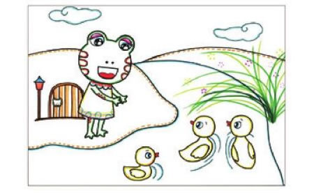 冬眠醒來(lái)的小青蛙兒童畫(huà)線描繪畫(huà)步驟06
