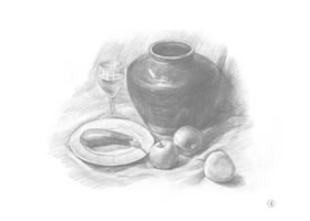罐子、高腳杯、盤子和蘋果組合素描畫(huà)法