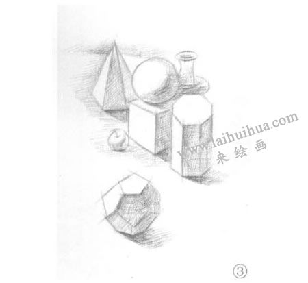 罐子、果子和幾何體組合素描畫法步驟03