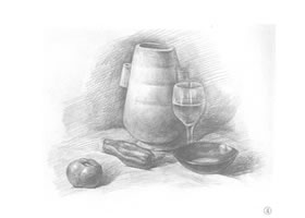 碗、高腳杯、西紅柿和罐子組合素描畫(huà)法