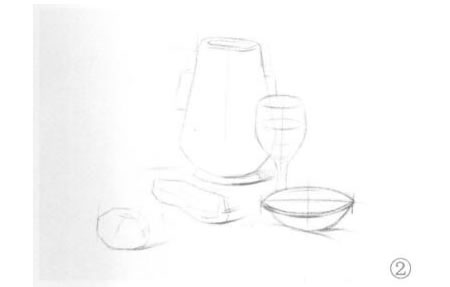 碗、高腳杯、西紅柿和罐子組合素描畫(huà)法步驟02