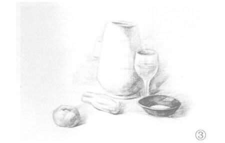 碗、高腳杯、西紅柿和罐子組合素描畫(huà)法步驟03