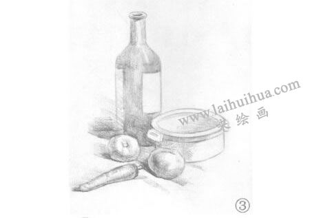 胡蘿卜、洋蔥和酒瓶組合素描畫(huà)法步驟03