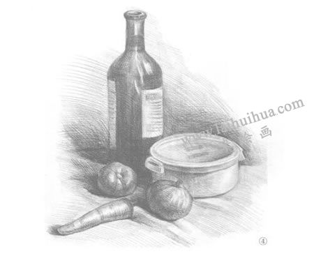 胡蘿卜、洋蔥和酒瓶組合素描畫(huà)法步驟04
