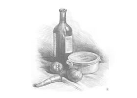 胡蘿卜、洋蔥和酒瓶組合素描畫(huà)法