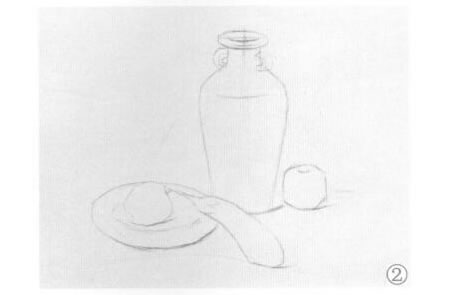 花瓶、盤子和蘋果組合素描畫法步驟02
