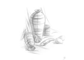 花瓶、雞蛋和蒜組合素描