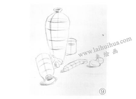 花瓶、雞蛋和蒜組合素描畫法步驟09
