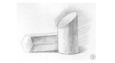 六棱柱體與斜切面圓柱體組合素描畫法步驟09