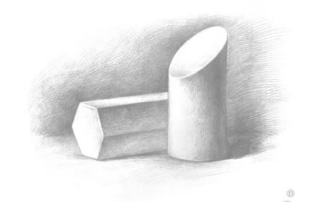六棱柱體與斜切面圓柱體組合素描畫法步驟13