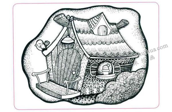 漂亮的小木屋兒童線描畫法步驟04