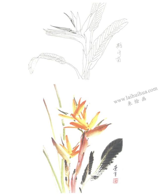 鶴望蘭寫意畫法圖示
