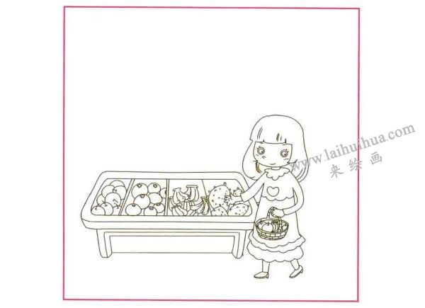 買水果的大姐姐兒童線描畫(huà)法步驟01