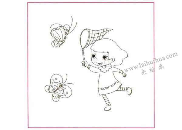 追蝴蝶的小女孩兒童線描畫法步驟圖示01