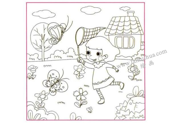 追蝴蝶的小女孩兒童線描畫法步驟圖示02