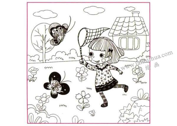 追蝴蝶的小女孩兒童線描畫法步驟圖示03