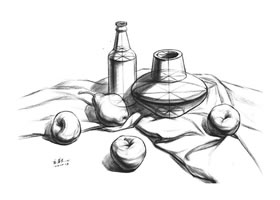 陶罐、酒瓶與水果的結(jié)構(gòu)素描表現(xiàn)步驟