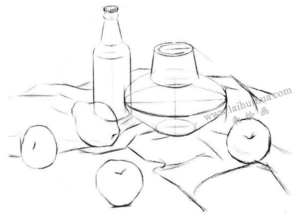 陶罐、酒瓶與水果的結(jié)構(gòu)素描表現(xiàn)步驟02
