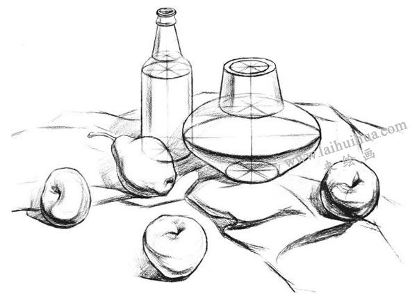 陶罐、酒瓶與水果的結(jié)構(gòu)素描表現(xiàn)步驟03