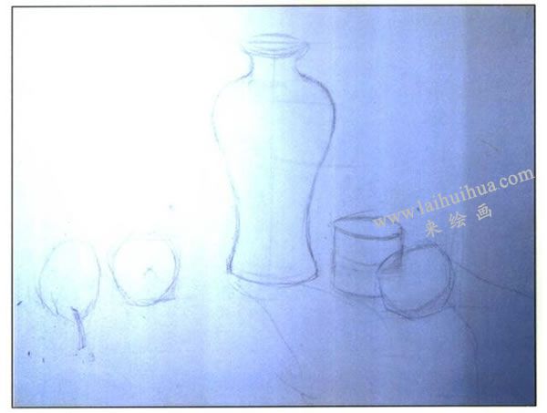 瓷瓶、水杯和水果組合水粉畫(huà)法步驟圖示01