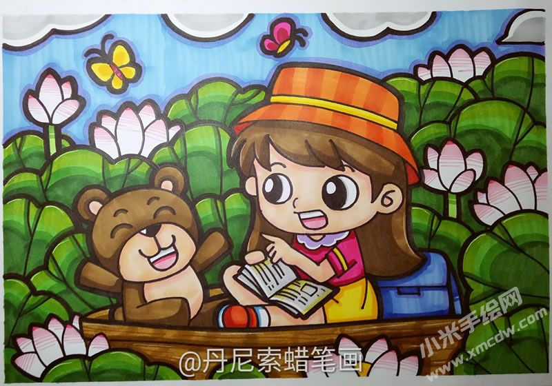 夏日荷塘兒童蠟筆畫.jpg
